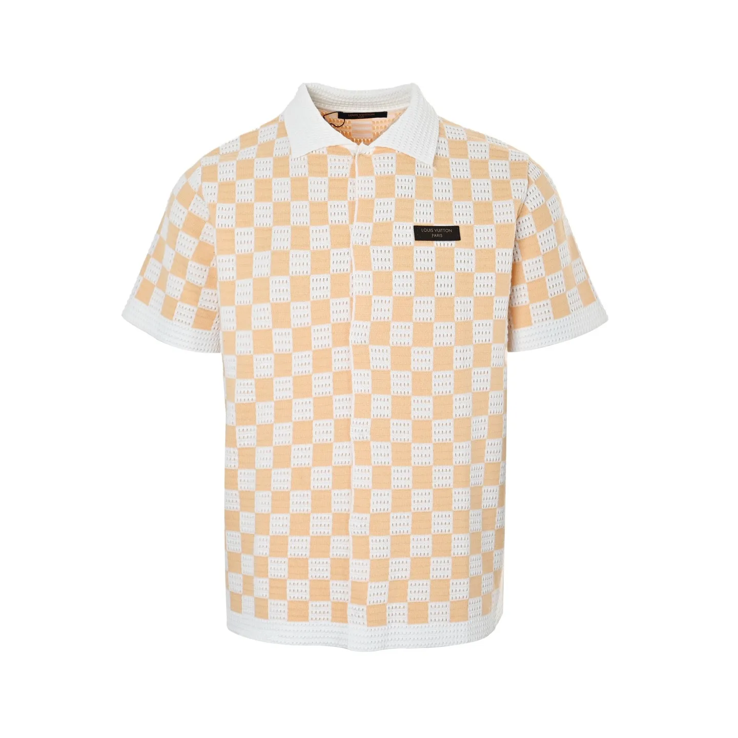 Louis Vuitton/Louis Vuitton 26ss leather label checkerboard jacquard knitted short-sleeved shirt